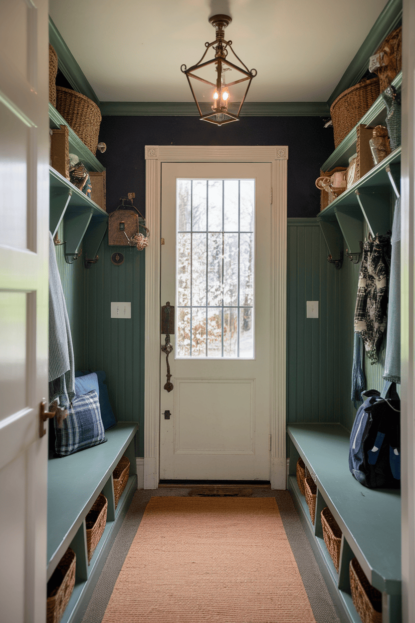 A small mudroom entryway featuring vintage decor, a door with window panes, and organized storage baskets.