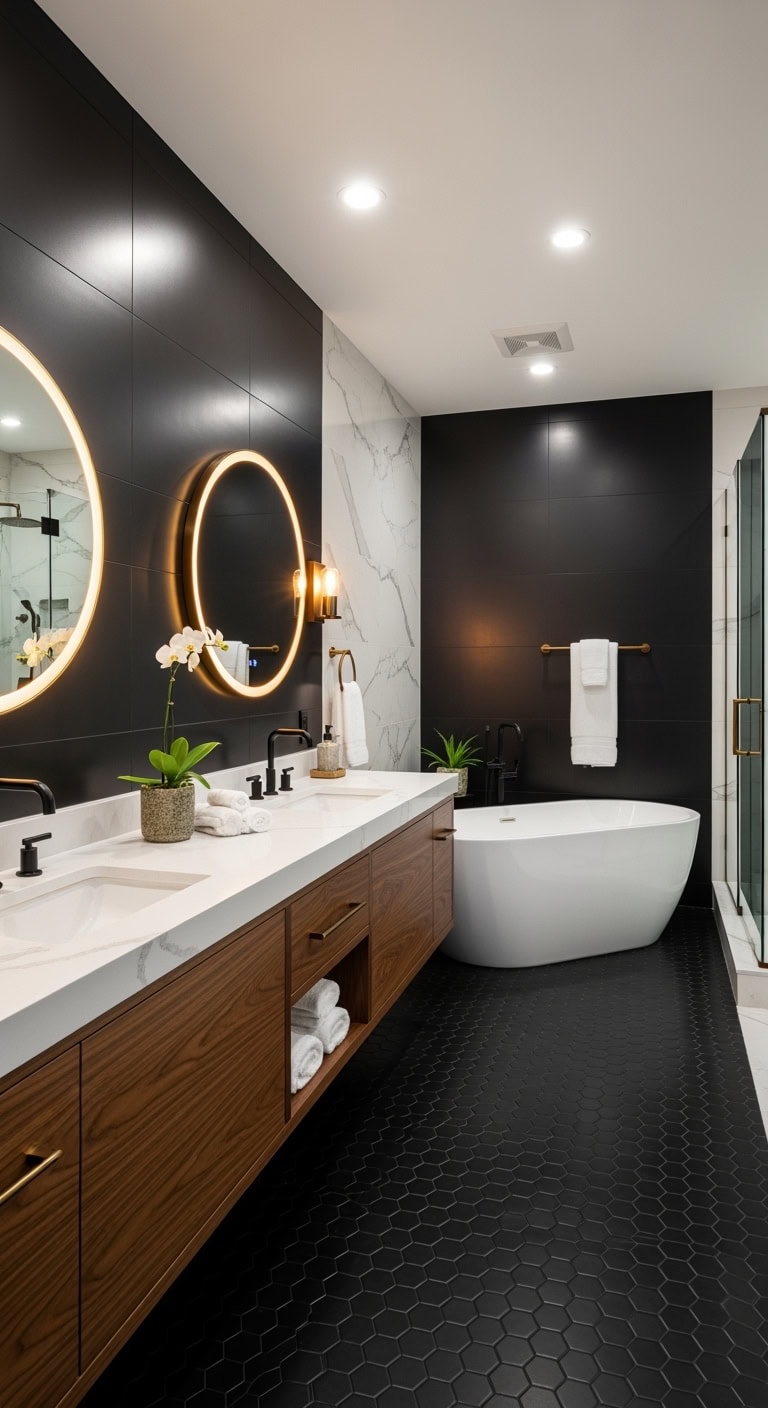 dramatic moody textured impactful bathroom tiles