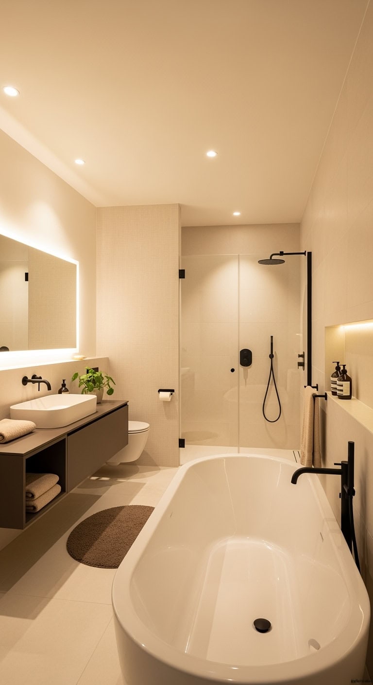 warm minimalist spa inspired bathroom