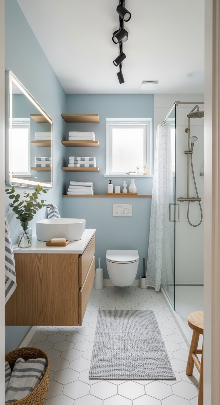 scandinavian light blue spa bathroom