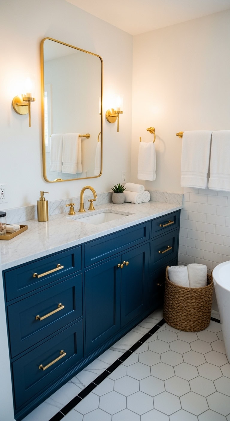 luxurious navy vanity with gold accents