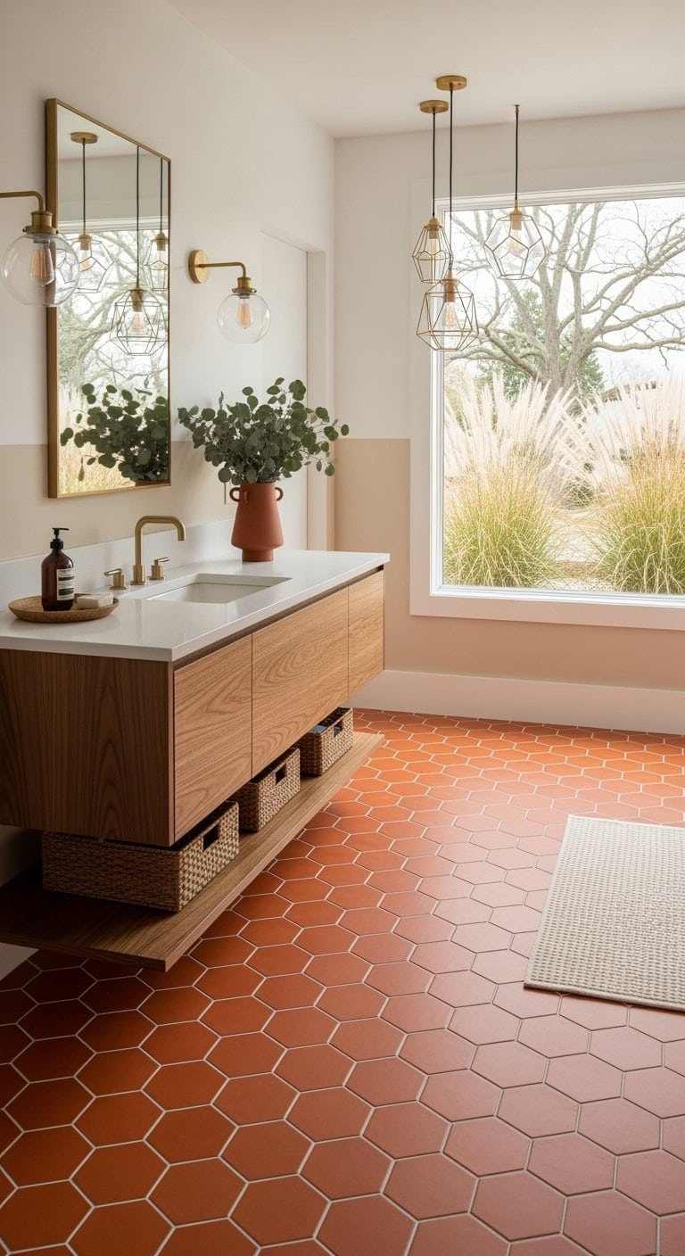 burnt orange hexagon bathroom flooring