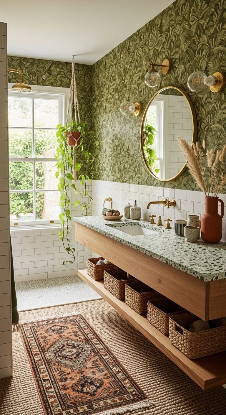 olive bohemian vintage bathroom