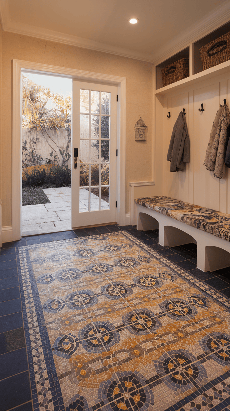 A beautifully designed Spanish-inspired mudroom with intricate mosaic tile flooring, featuring a bench and coat hooks.