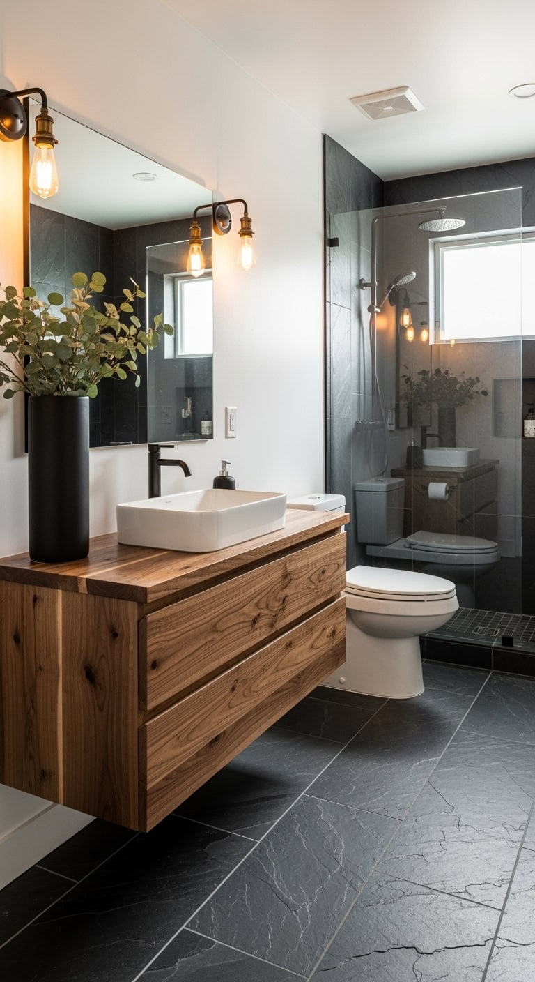 moody organic textured low maintenance bathroom