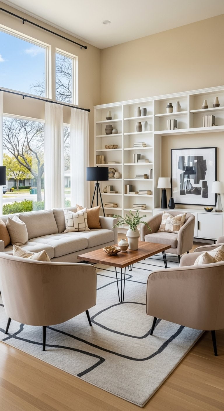 beige mid century with black accents