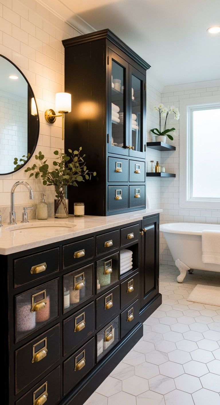 moody museum worthy bathroom storage solution