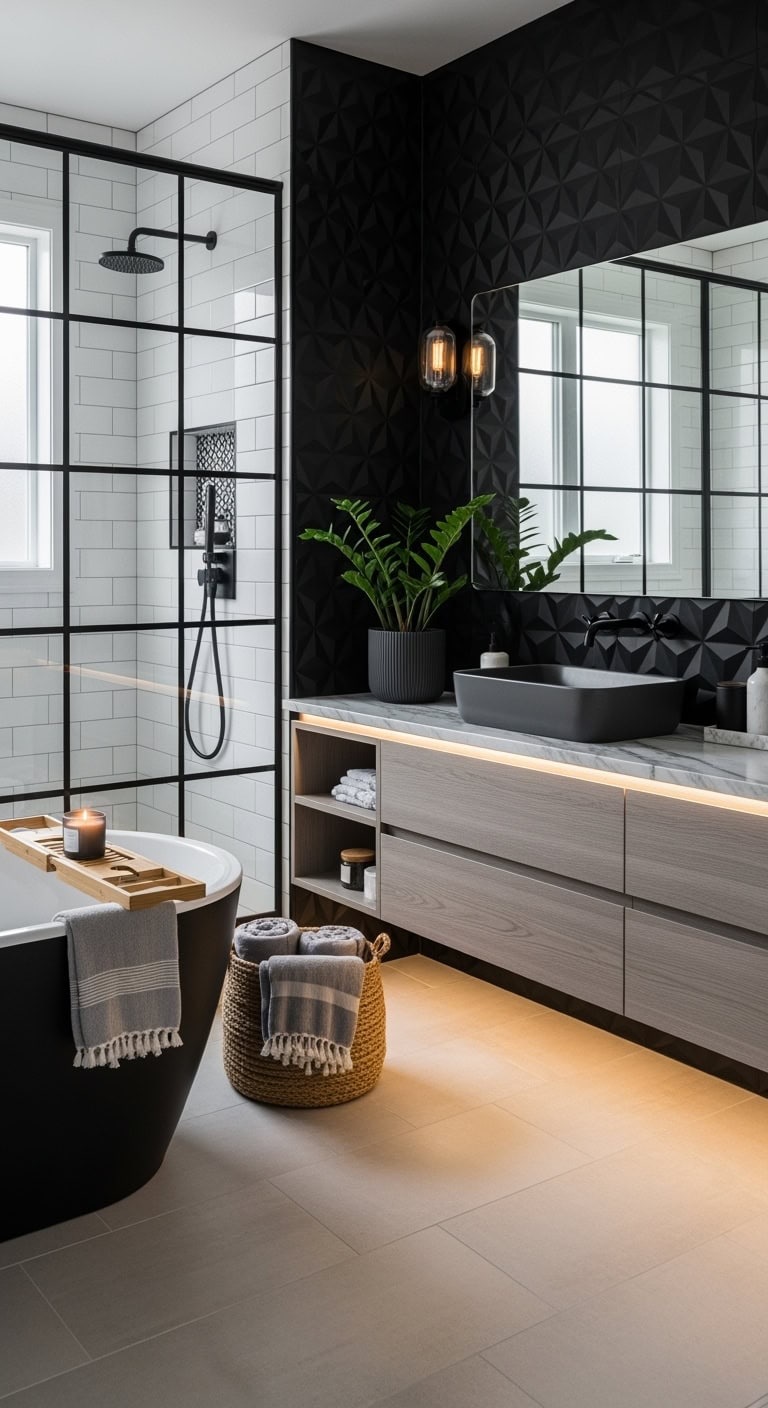 moody textured dramatic bathroom wall panels