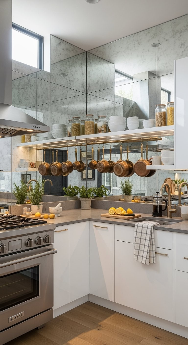 mirrored backsplash enlarging kitchen visually