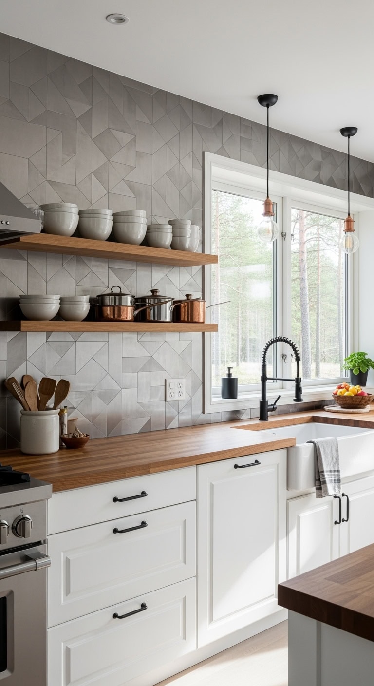 gleaming geometric transformative steel backsplash tiles