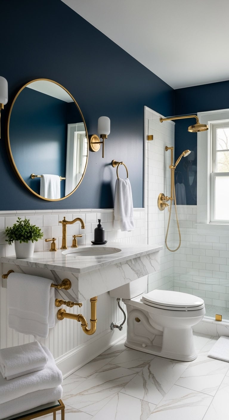 luxurious regal bathroom with brass accents