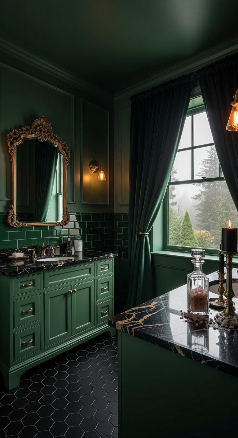 midnight green velvet bathroom glamour
