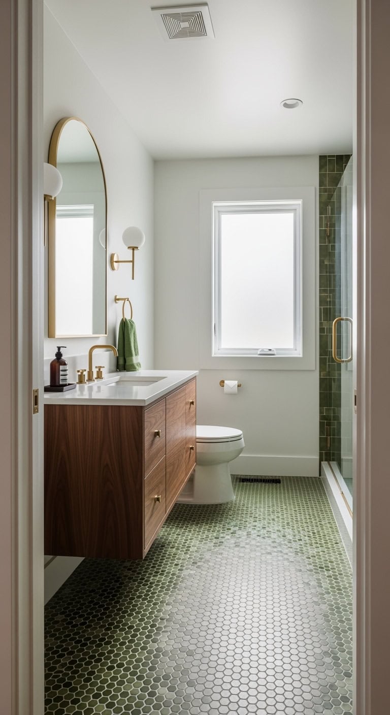 olive penny tiles walnut cabinetry