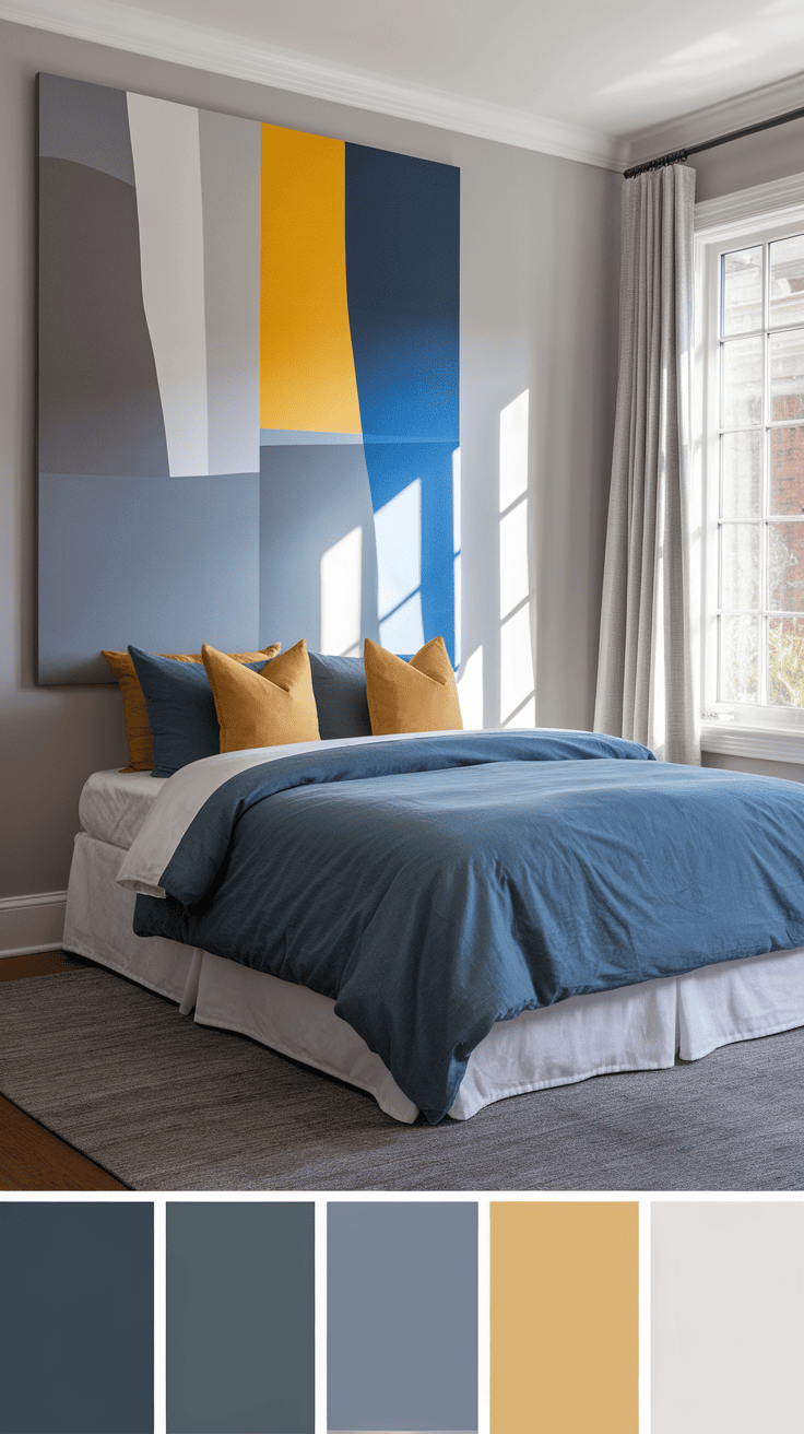 A modern bedroom featuring a large artwork with gray, blue, and yellow geometric patterns on the wall.