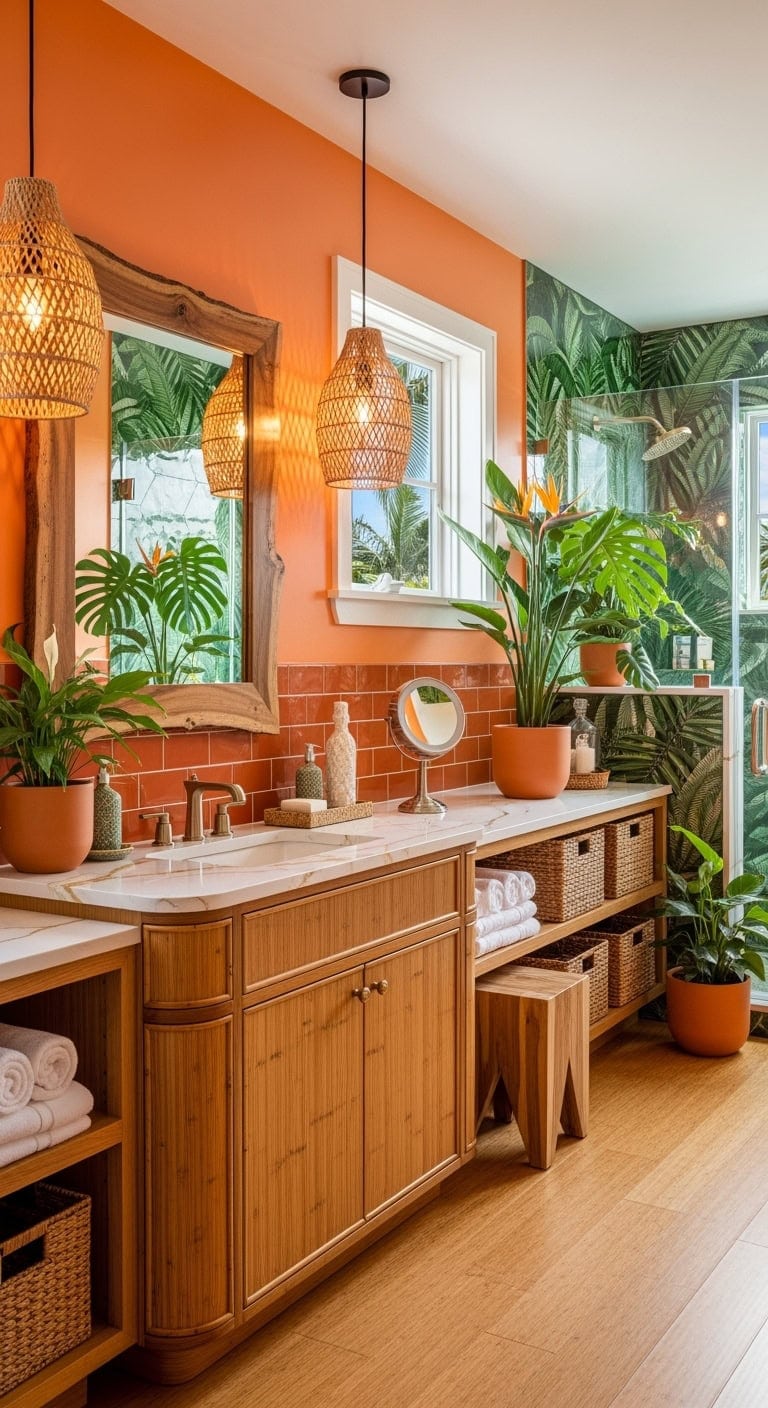tropical orange jungle bathroom
