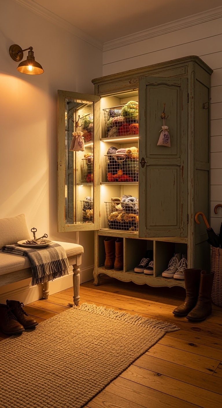 cottage inspired repurposed antique armoire mudroom