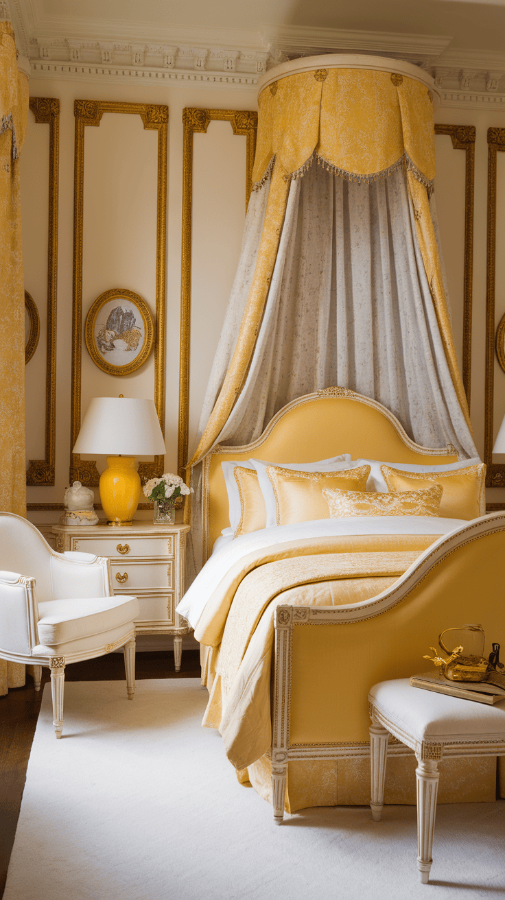 A beautifully arranged bedroom featuring yellow and white decor with elegant furnishings.