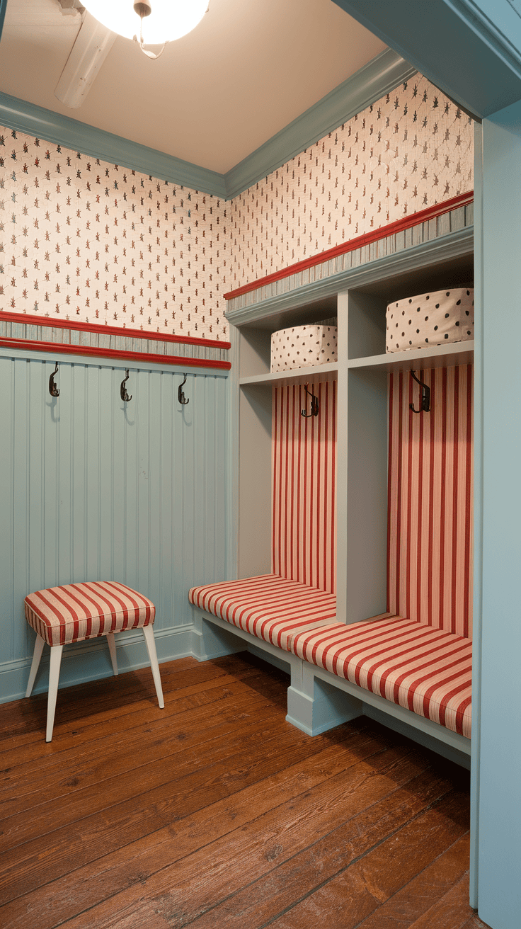 Cozy mudroom with striped benches and star-patterned wallpaper.