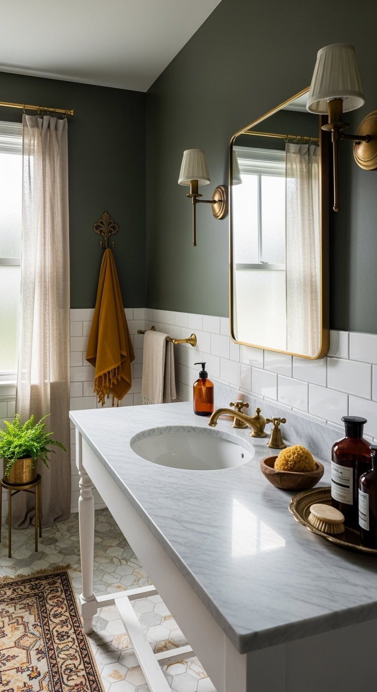 vintage brass hardware elevates bathroom ambiance