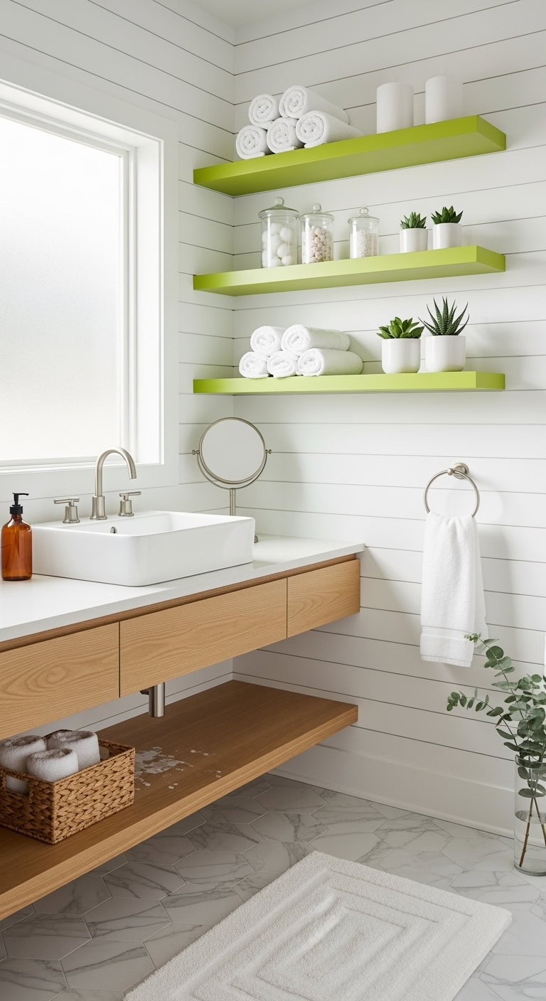 vibrant chartreuse bathroom floating shelves