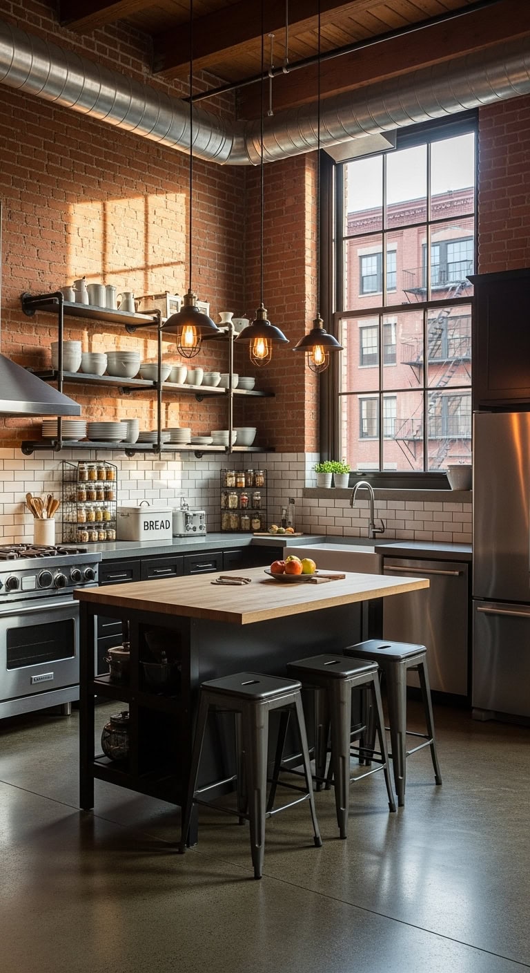 exposed brick industrial kitchen