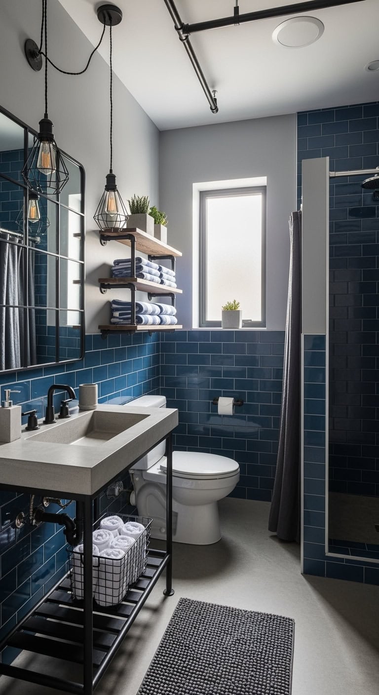 industrial steel blue subway bathroom