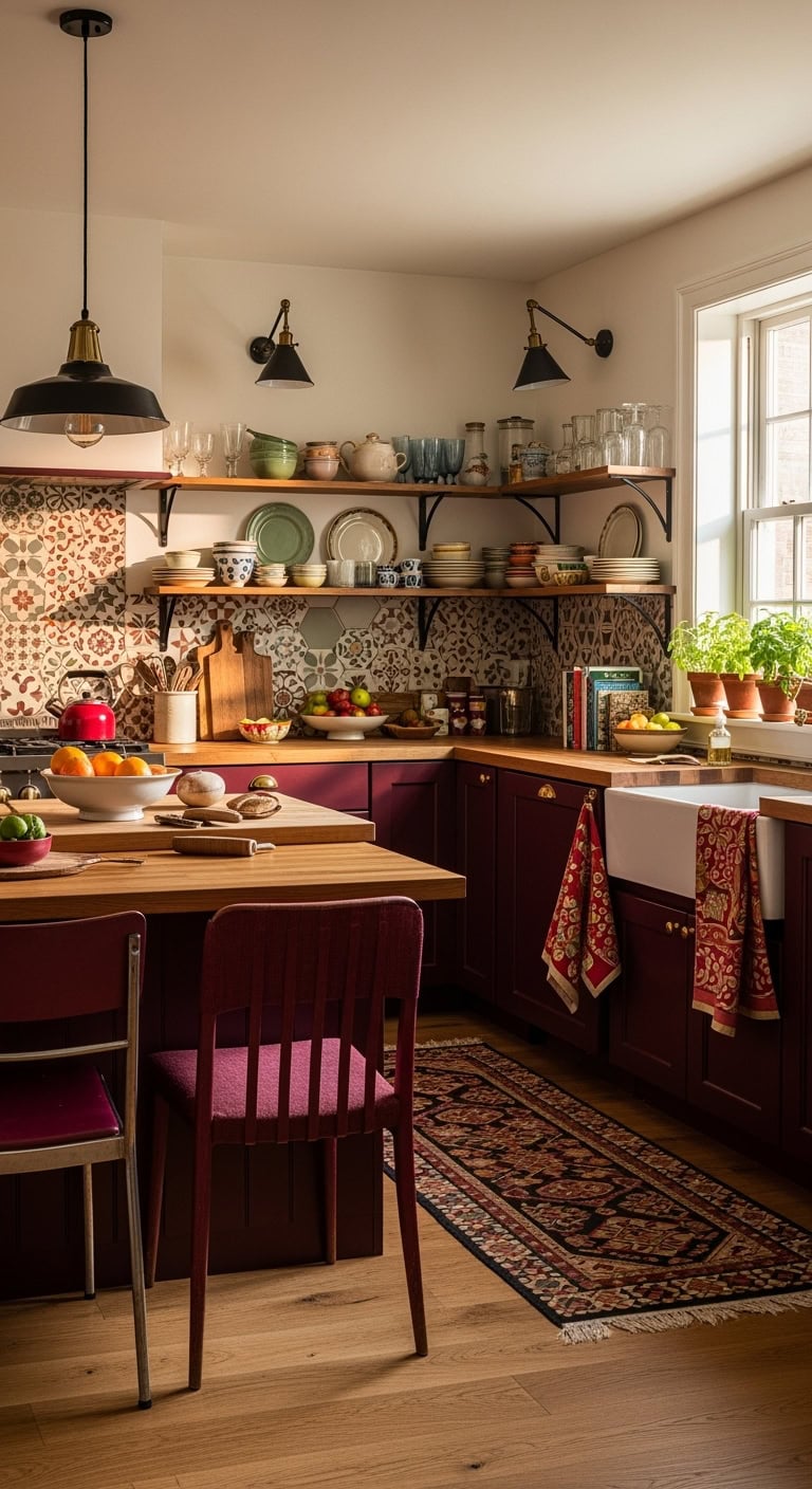 eclectic burgundy kitchen design