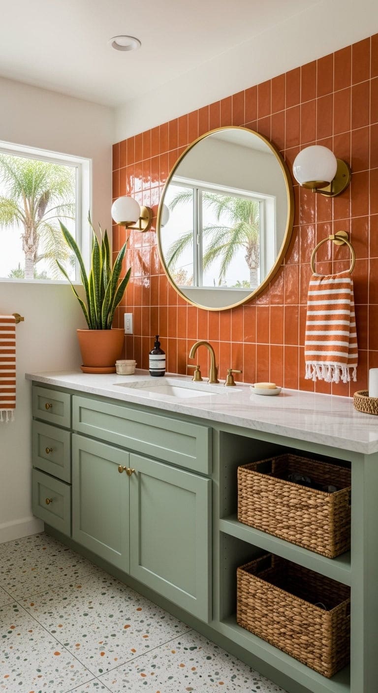 retro burnt orange sage green bathroom