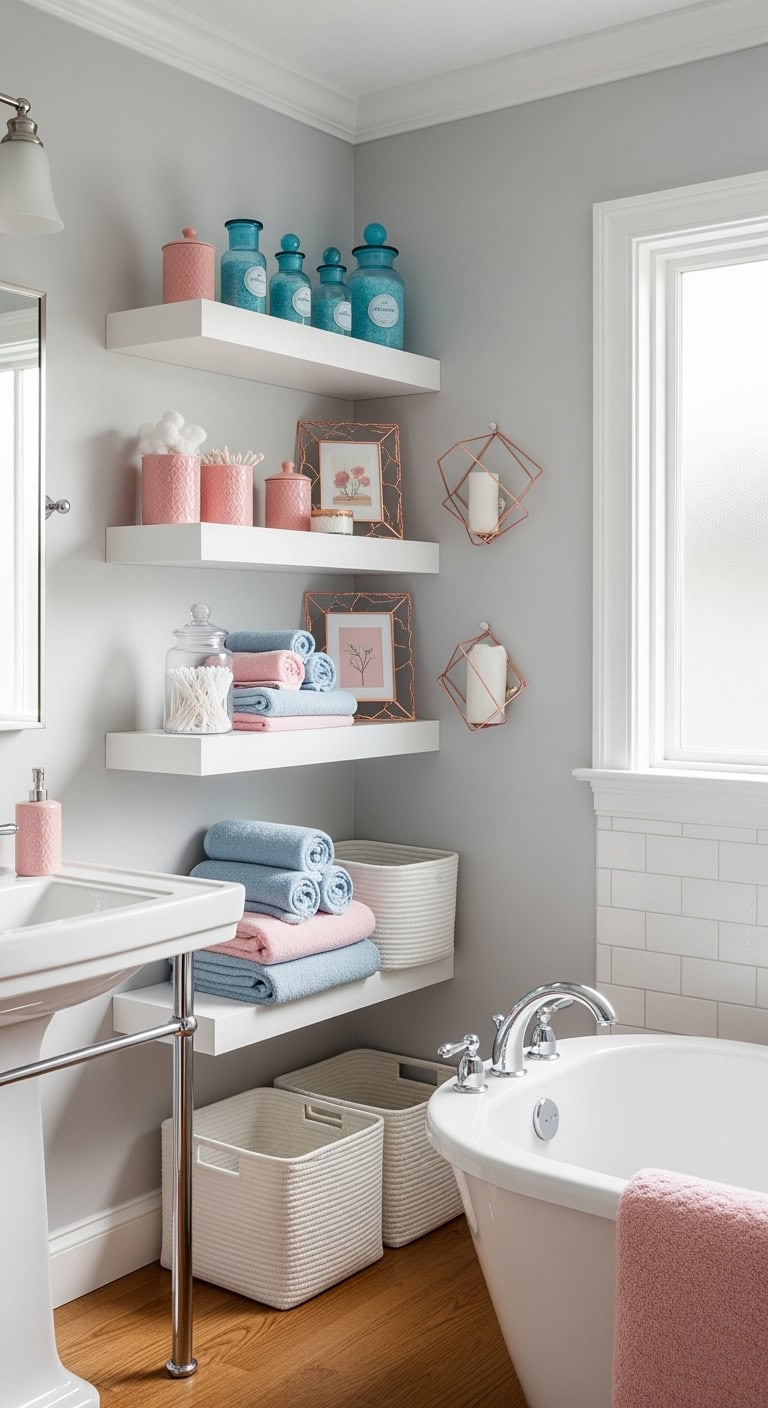 colorful intentional bathroom shelving display