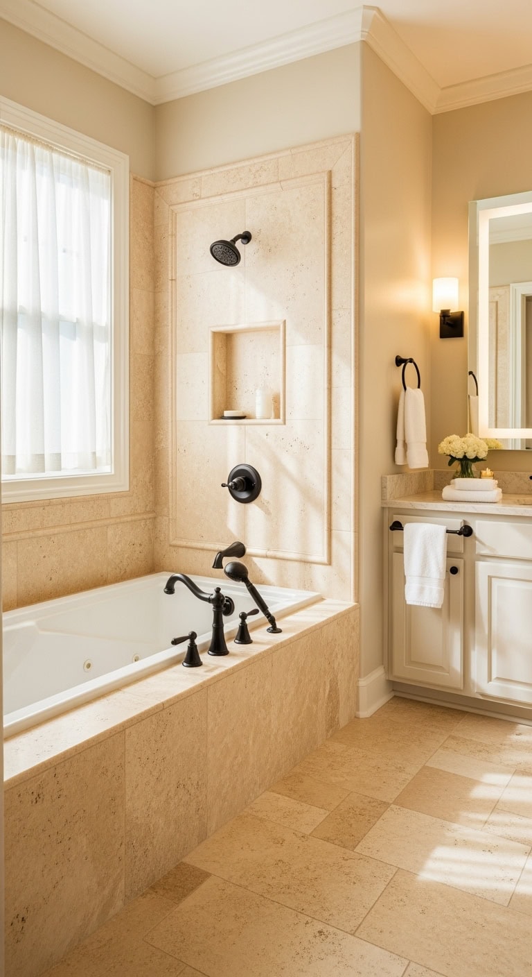 luxurious natural spa like travertine tub surround