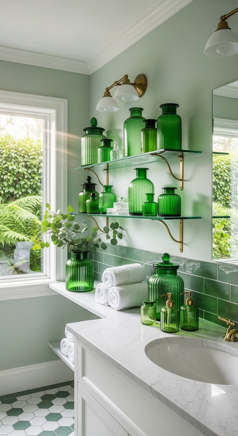 green glass apothecary display
