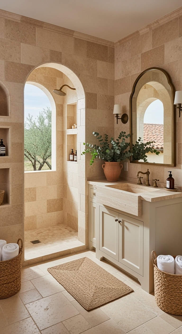 beige travertine arched bathroom