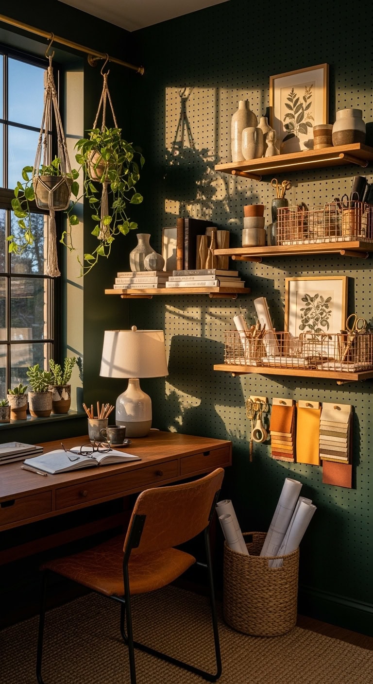 moody sophisticated versatile pegboard workspace