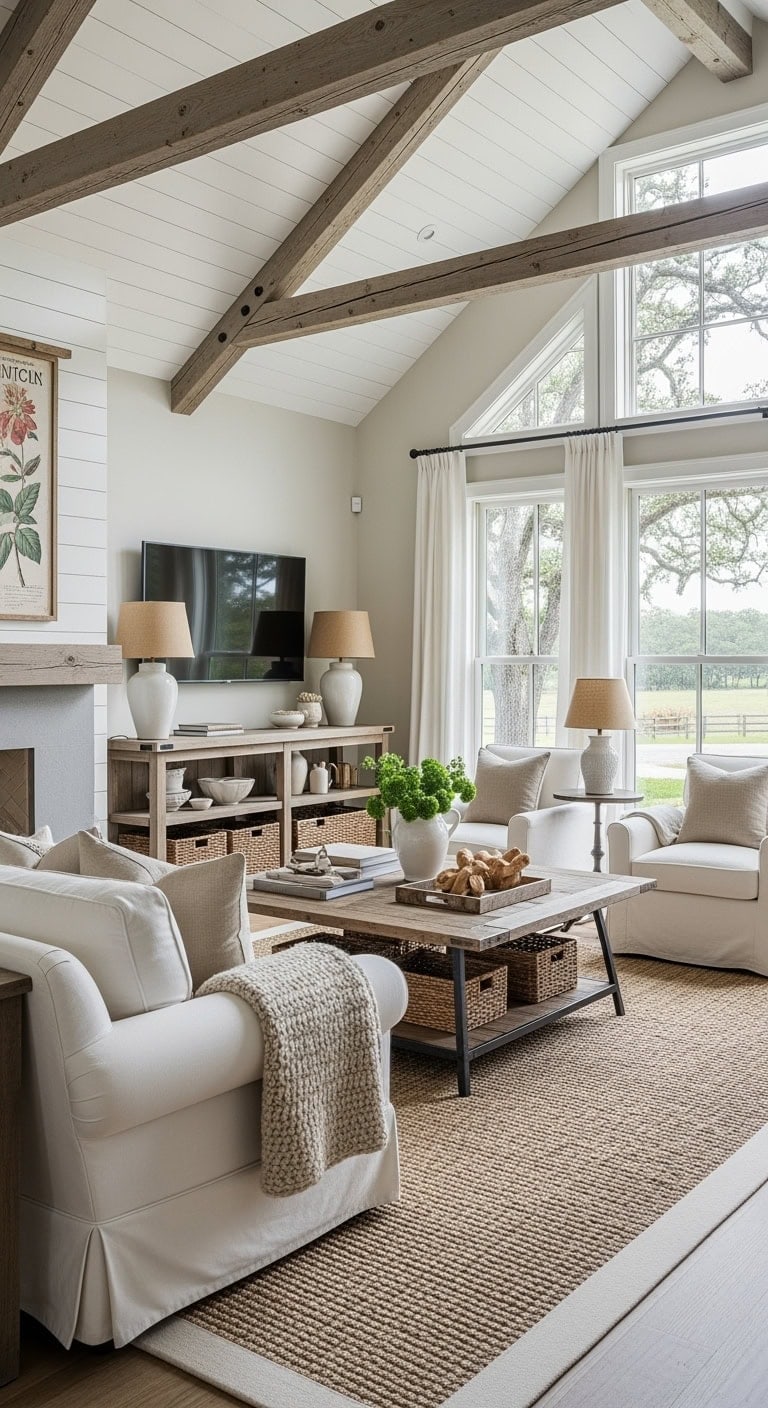 reclaimed beam ivory slipcovered living