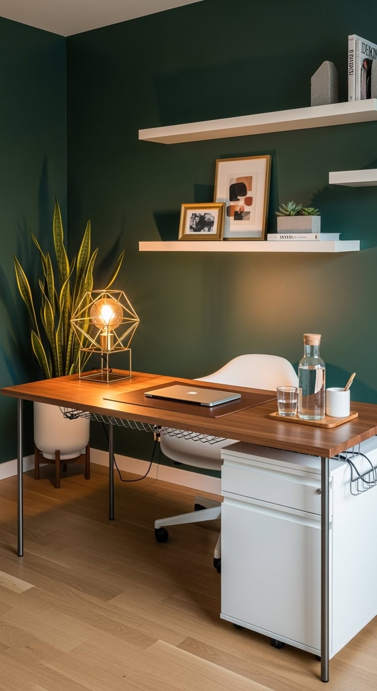 sophisticated minimalist dark green office