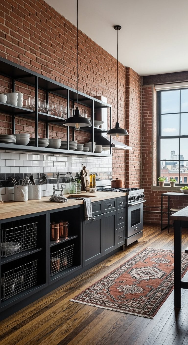 exposed brick industrial kitchen
