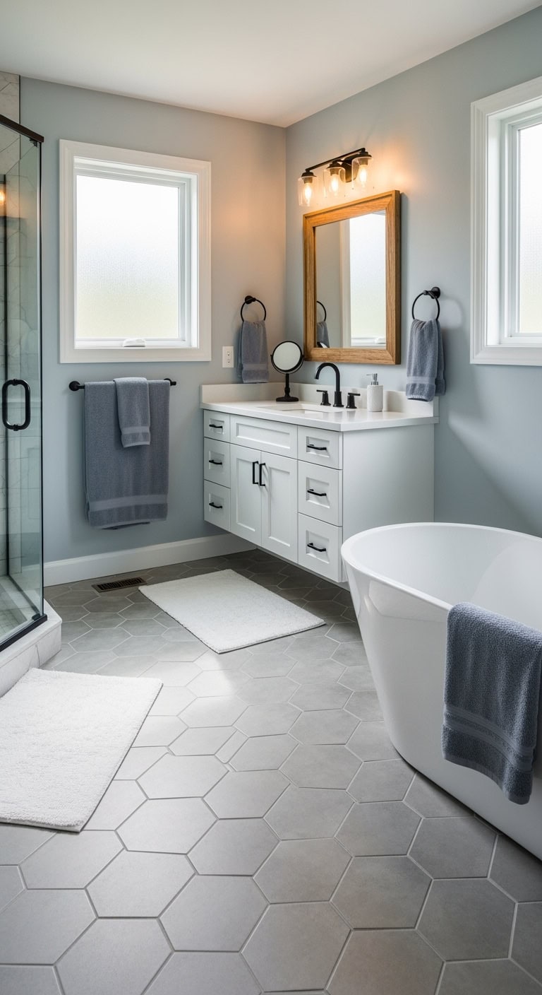 sophisticated geometric tiles playful minimalist bathroom