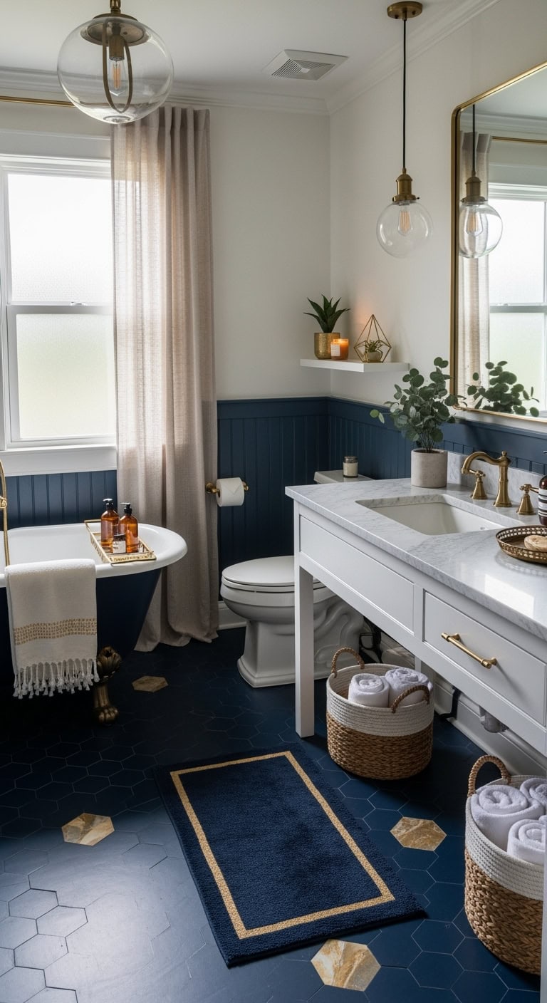 geometric navy and gold bathroom tiles