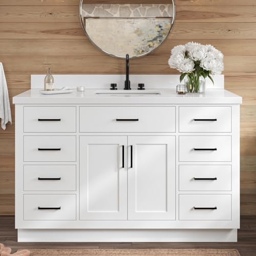 55" White Bathroom Vanity with Sink, 1.5" Edge Pure White Quartz Countertop