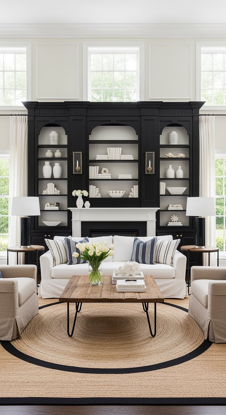 black built ins white interiors
