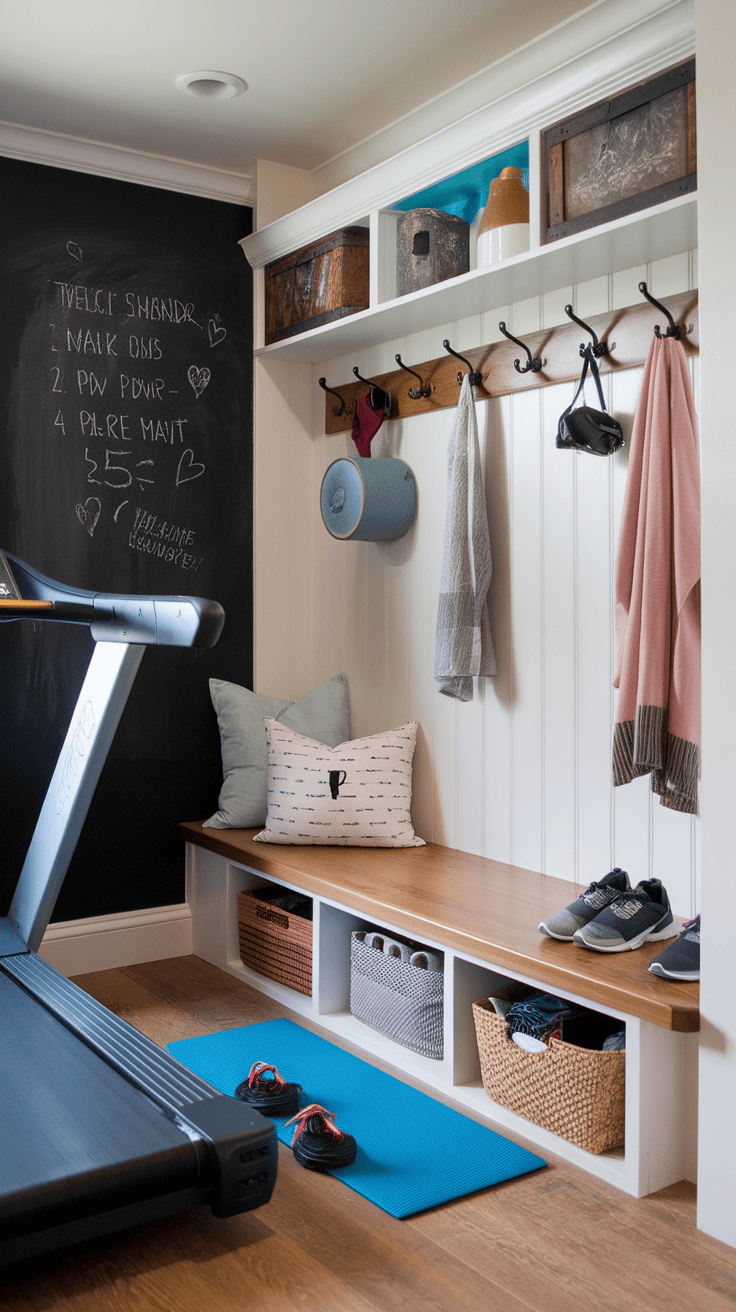 A stylish mudroom gym area with organized storage, sports items, and comfortable seating.