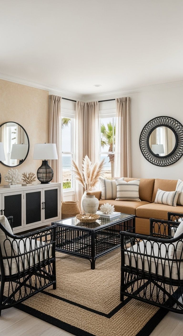 sandy neutrals with black rattan
