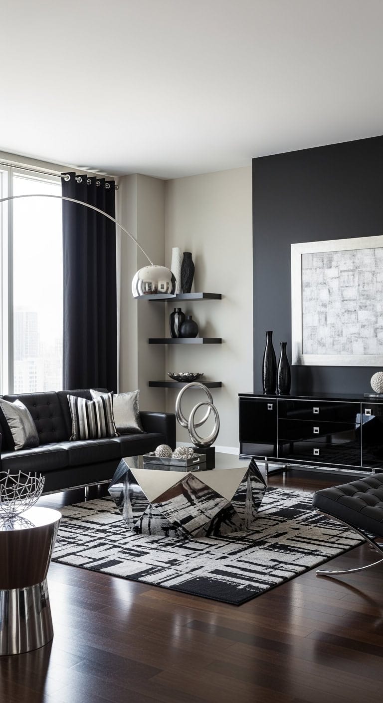 sleek black leather livingroom