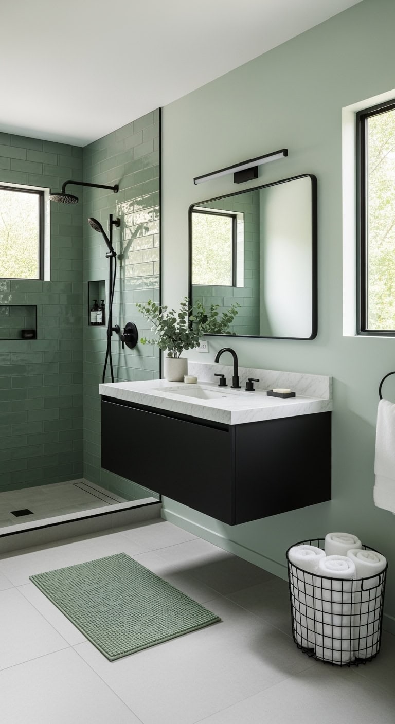 matte black fixtures sage walls