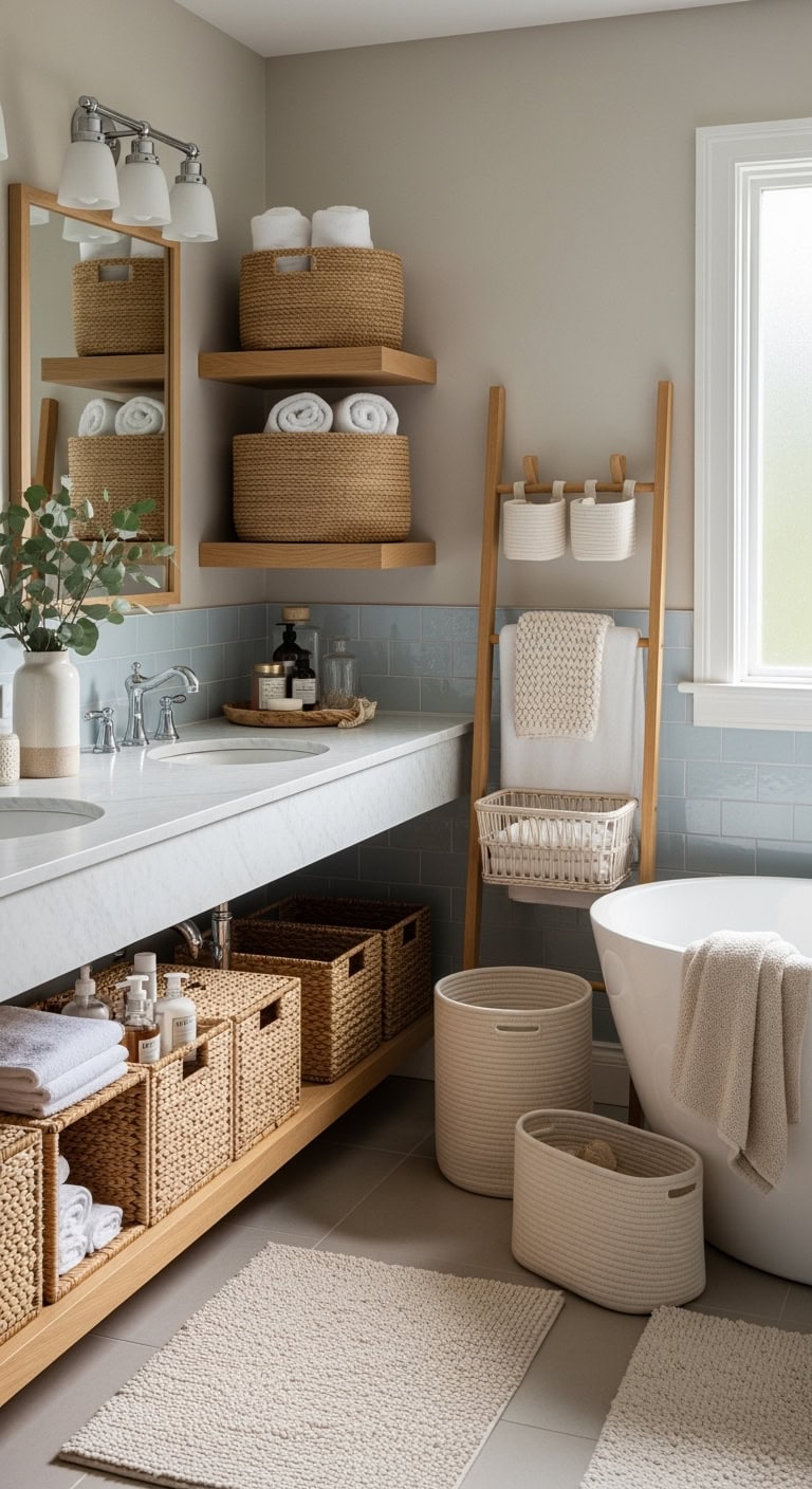 functional organized textural bathroom storage