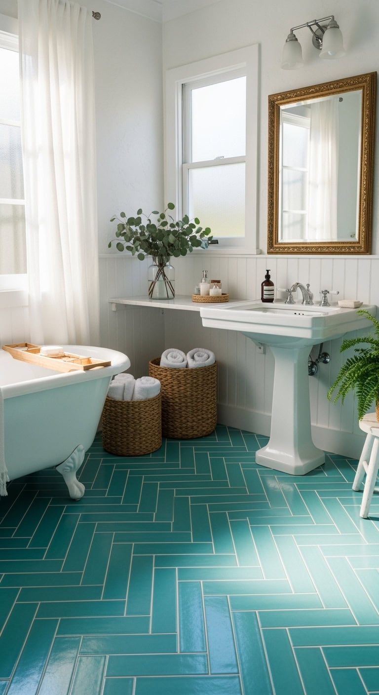 tranquil luxurious spa inspired herringbone floors