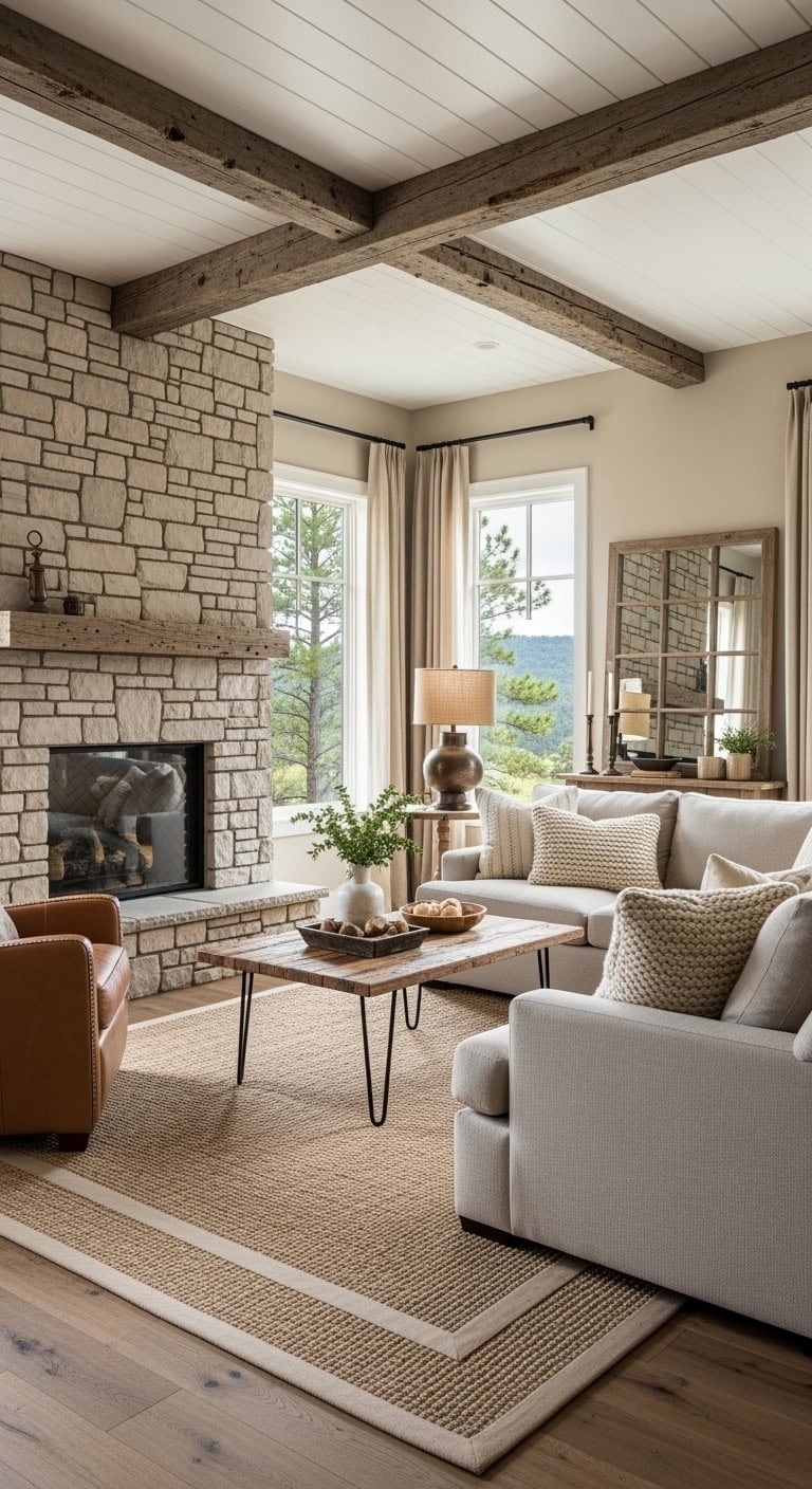 stone beamed rustic neutral retreat