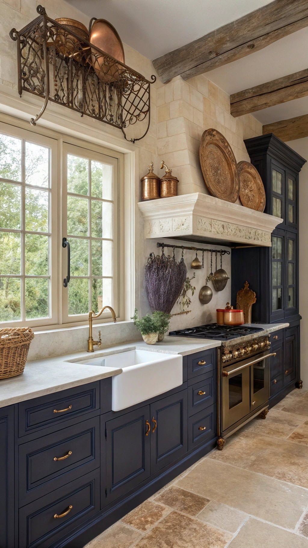 navy cabinetry with rustic charm