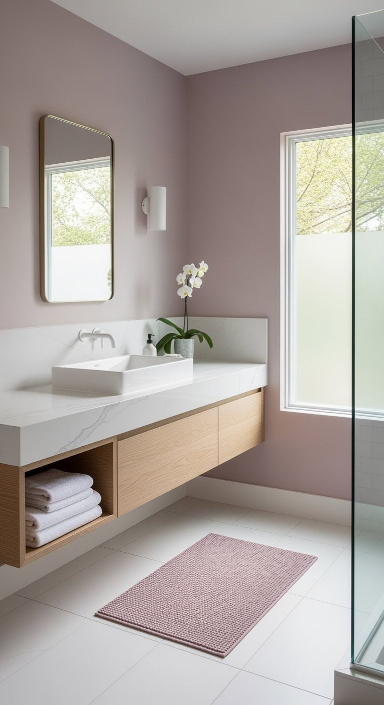 sleek mauve minimalist bathroom