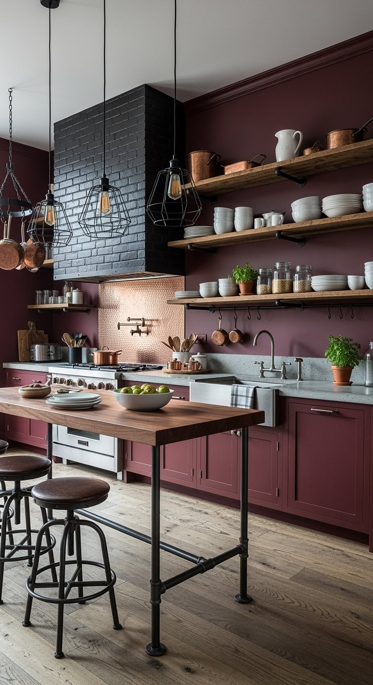 bold industrial burgundy kitchen